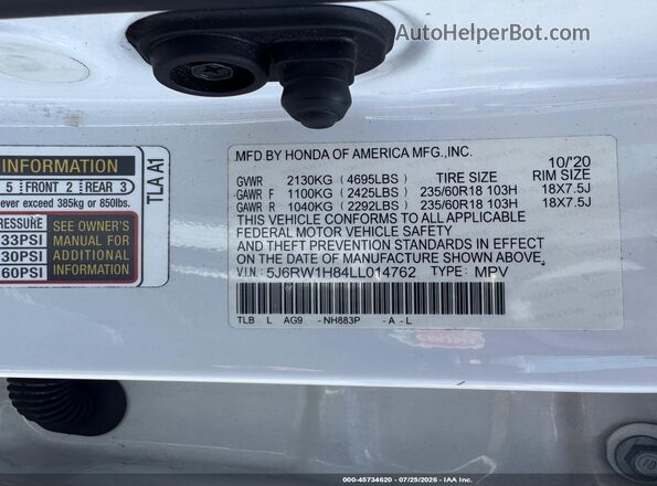 5J6RW1H84LL014762 2020 HONDA CR-V White Вид підкапотного простору