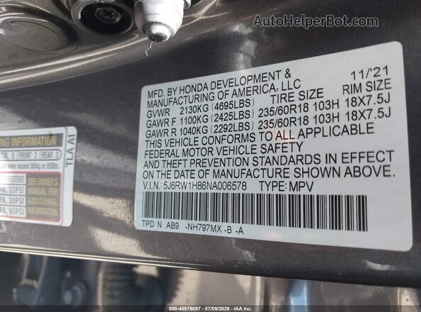 5J6RW1H86NA006578 2022 HONDA CR-V Gray Widok komory silnika