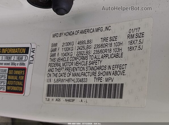 5J6RW1H87HL004833 2017 HONDA CR-V White Շարժիչի բաժամունքի տեսք