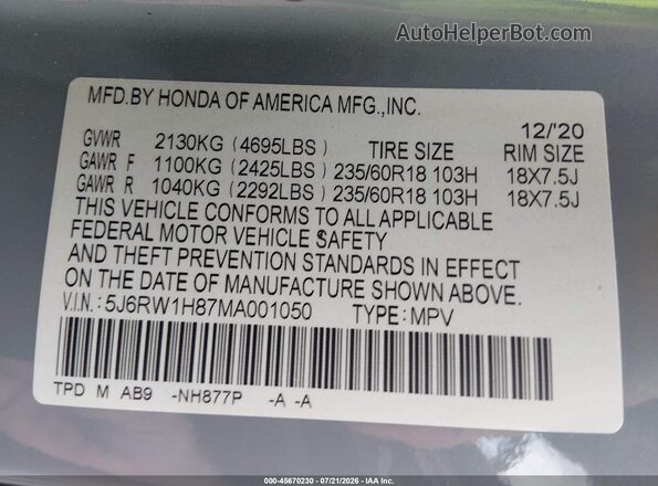 5J6RW1H87MA001050 2021 HONDA CR-V Light Blue Widok komory silnika