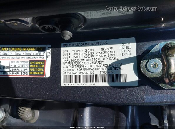 5J6RW1H88KA021336 2019 HONDA CR-V Gray Engine compartment view