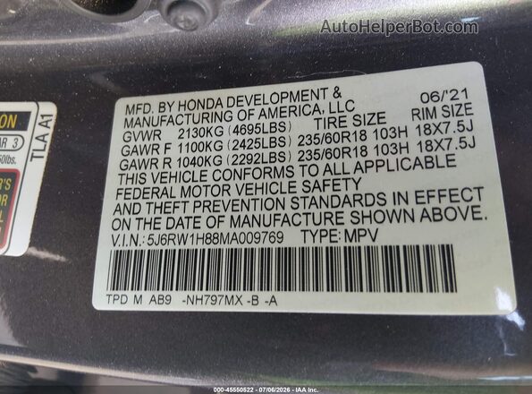 5J6RW1H88MA009769 2021 HONDA CR-V Gray Вид підкапотного простору