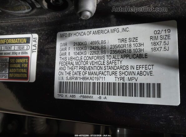 5J6RW1H89KA019711 2019 HONDA CR-V Black Вид підкапотного простору