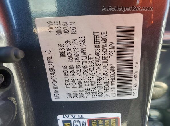 5J6RW1H89KA047847 2019 HONDA CR-V Gray VIN sticker view
