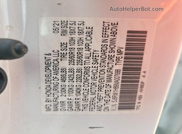 5J6RW1H89MA007688 2021 HONDA CR-V White Вид наклейки з VIN-кодом