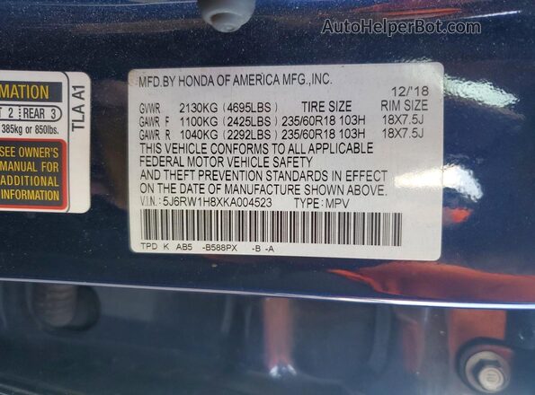 5J6RW1H8XKA004523 2019 HONDA CR-V Blue Vista interior de 360 grados