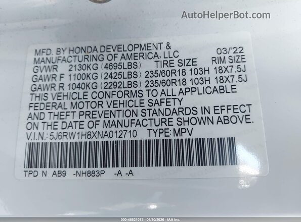 5J6RW1H8XNA012710 2022 HONDA CR-V White Widok komory silnika