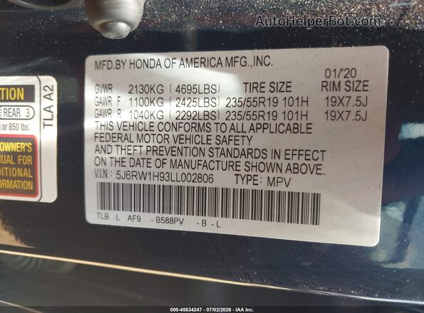 5J6RW1H93LL002806 2020 HONDA CR-V Blue Вид підкапотного простору