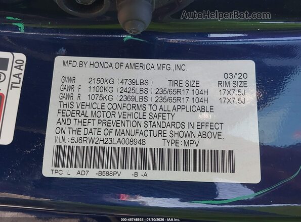 5J6RW2H23LA008948 2020 HONDA CR-V Синий Вид подкапотного пространства