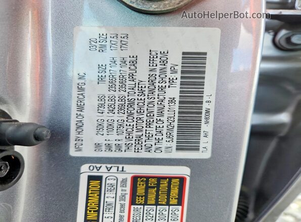 5J6RW2H23LL011384 2020 HONDA CR-V Silver Vista de la etiqueta del VIN