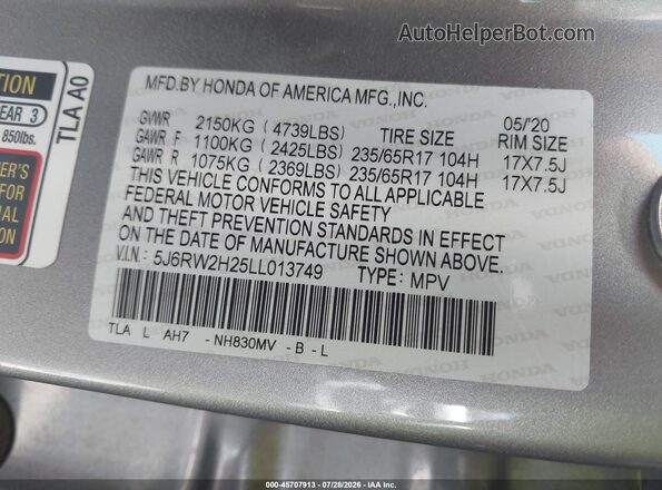 5J6RW2H25LL013749 2020 HONDA CR-V Silver Շարժիչի բաժամունքի տեսք