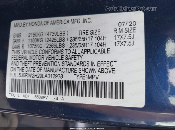 5J6RW2H29LA012938 2020 HONDA CR-V Blue Engine compartment view