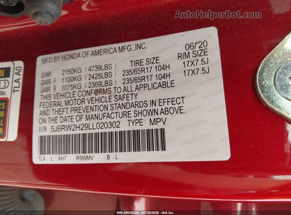 5J6RW2H29LL020302 2020 HONDA CR-V Red Widok komory silnika