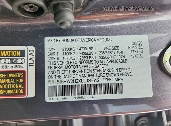 5J6RW2H2XLL029512 2020 HONDA CR-V Gray Engine compartment view