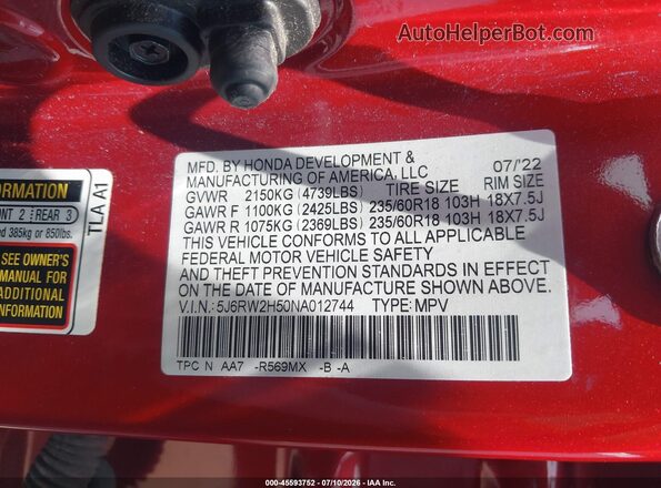 5J6RW2H50NA012744 2022 HONDA CR-V Красный Вид подкапотного пространства