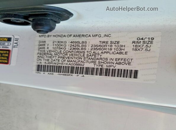 5J6RW2H51KA008892 2019 HONDA CR-V White VIN կոդի պիտակի տեսք