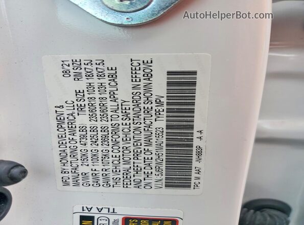 5J6RW2H51MA015523 2021 HONDA CR-V Белый Вид наклейки с VIN-кодом