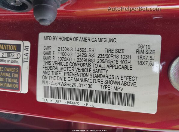 5J6RW2H52KL017136 2019 HONDA CR-V Red ძრავის განყოფილების ხედი