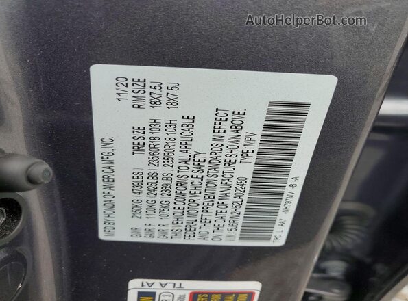 5J6RW2H52LA022480 2020 HONDA CR-V Серый Вид наклейки с VIN-кодом