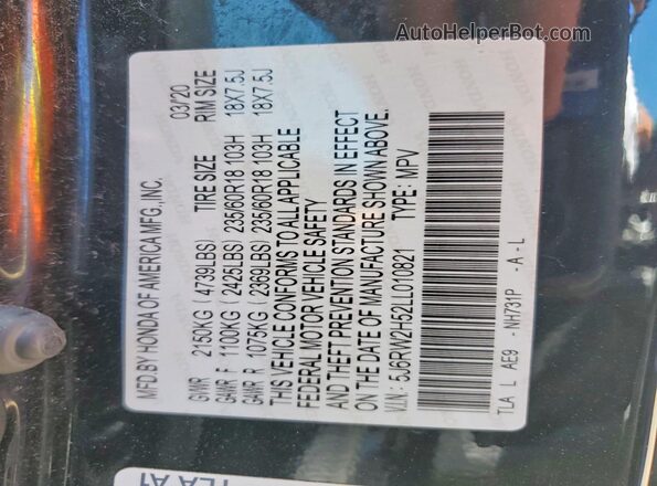 5J6RW2H52LL010821 2020 HONDA CR-V Black Vista de la etiqueta del VIN
