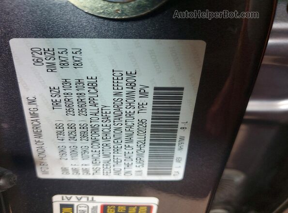 5J6RW2H52LL020295 2020 HONDA CR-V Gray Widok naklejki z numerem VIN