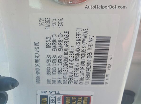 5J6RW2H52ML015065 2021 HONDA CR-V White Вид наклейки з VIN-кодом