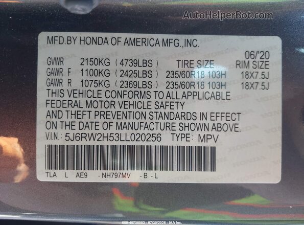 5J6RW2H53LL020256 2020 HONDA CR-V Серый Вид подкапотного пространства
