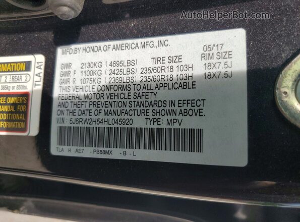 5J6RW2H54HL045920 2017 HONDA CR-V Gray Widok naklejki z numerem VIN