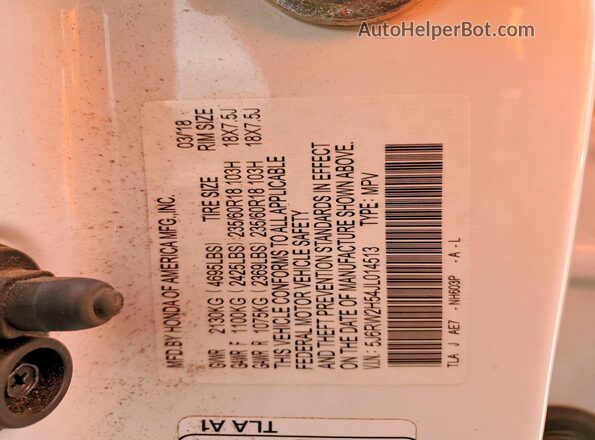 5J6RW2H54JL014513 2018 HONDA CR-V White VIN sticker view