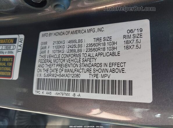 5J6RW2H54KA012080 2019 HONDA CR-V Серый Вид подкапотного пространства