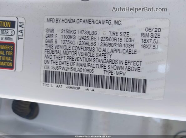 5J6RW2H54LA010606 2020 HONDA CR-V White Вид підкапотного простору