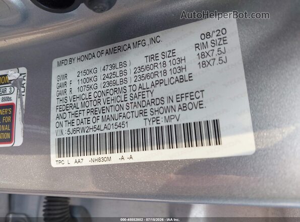 5J6RW2H54LA015451 2020 HONDA CR-V Silver Շարժիչի բաժամունքի տեսք