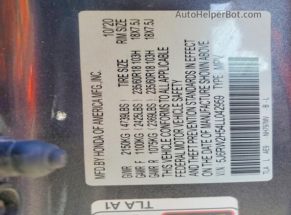 5J6RW2H54LL042959 2020 HONDA CR-V Серый Вид наклейки с VIN-кодом