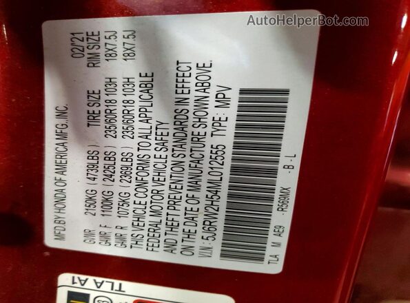 5J6RW2H54ML012555 2021 HONDA CR-V Red VIN կոդի պիտակի տեսք