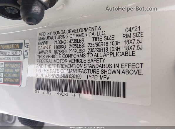 5J6RW2H54ML020199 2021 HONDA CR-V White Вид підкапотного простору