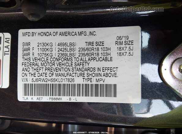 5J6RW2H55KL017826 2019 HONDA CR-V Серый Вид подкапотного пространства