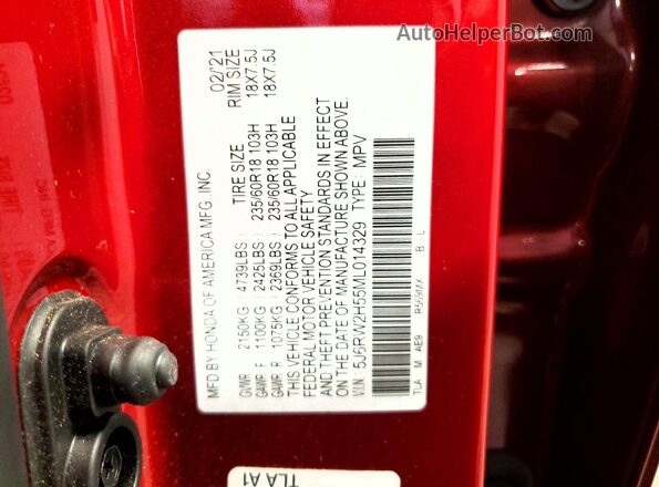 5J6RW2H55ML014329 2021 HONDA CR-V Red Вид наклейки з VIN-кодом
