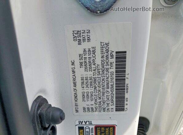 5J6RW2H55ML016193 2021 HONDA CR-V White Widok wnętrza 360 stopni