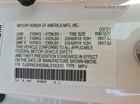 5J6RW2H55ML016310 2021 HONDA CR-V White VIN կոդի պիտակի տեսք