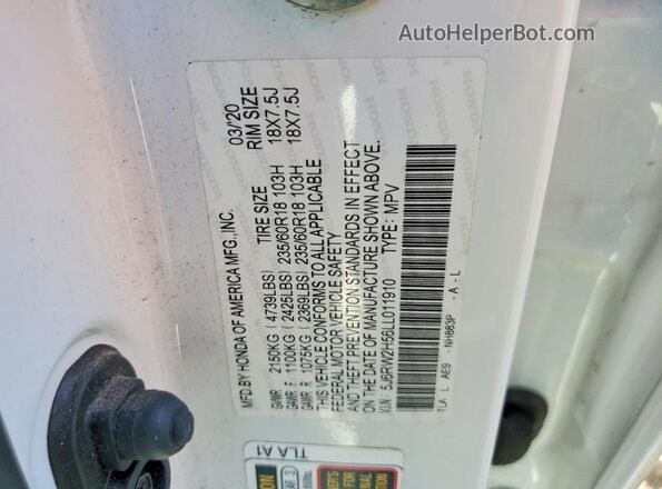 5J6RW2H56LL011910 2020 HONDA CR-V White Вид підкапотного простору