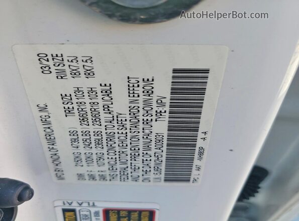 5J6RW2H57LA009031 2020 HONDA CR-V White Панорамний вид салону 360°