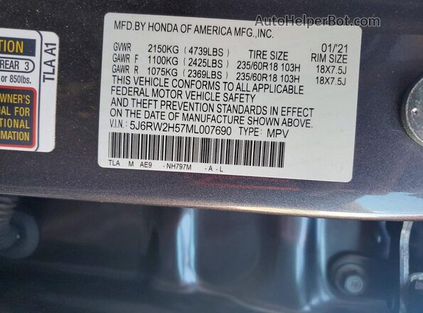 5J6RW2H57ML007690 2021 HONDA CR-V Gray Vista de la etiqueta del VIN