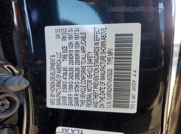 5J6RW2H57NA009226 2022 HONDA CR-V Black Widok naklejki z numerem VIN