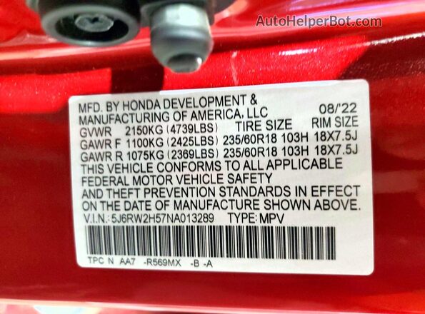 5J6RW2H57NA013289 2022 HONDA CR-V Красный Вид наклейки с VIN-кодом