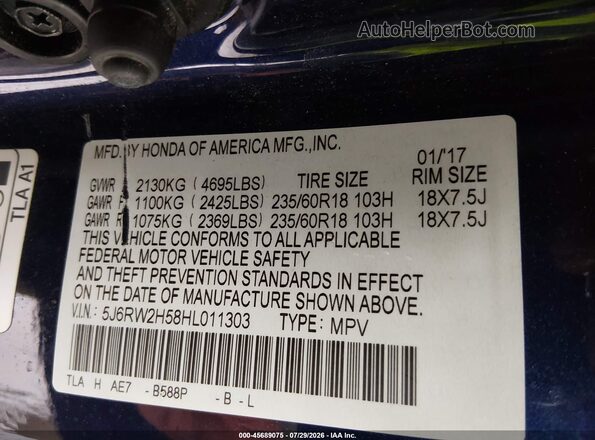 5J6RW2H58HL011303 2017 HONDA CR-V Blue Engine compartment view