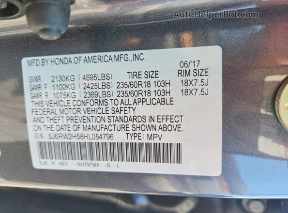 5J6RW2H58HL054796 2017 HONDA CR-V Gray VIN sticker view