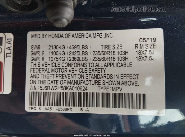 5J6RW2H58KA010624 2019 HONDA CR-V Blue Вид підкапотного простору
