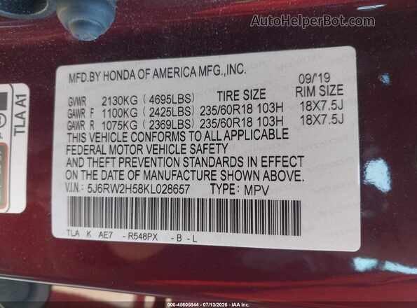 5J6RW2H58KL028657 2019 HONDA CR-V Бордовый Вид подкапотного пространства