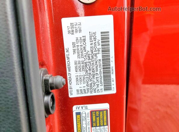 5J6RW2H59HL050708 2017 HONDA CR-V Red VIN კოდის სტიკერის ხედი