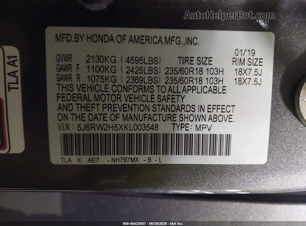 5J6RW2H5XKL003548 2019 HONDA CR-V Серый Вид подкапотного пространства